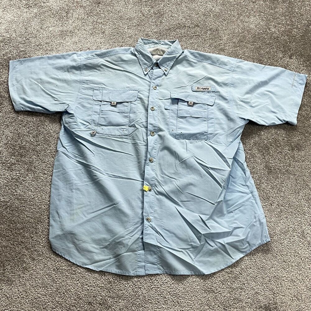Columbia PFG Omni Shade Bahama Shirt Mens Pastel Blue Button Down Short Sleeve